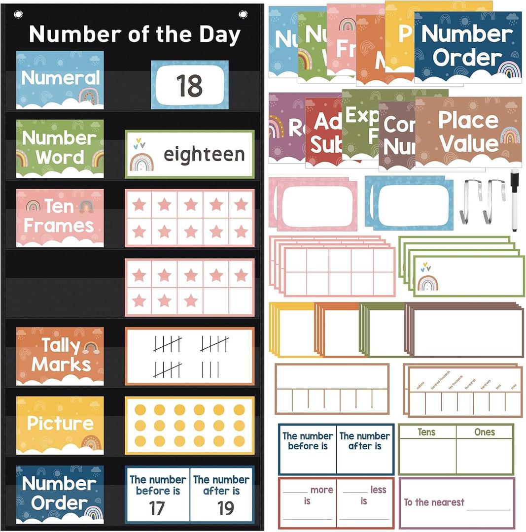 Blosssound Math Number of The Day Pocket Chart Math Classroom Pocket Chart with 66 Dry Erase Cards Dry Erase Pen Educational Learning Poster for Home School Decor Teaching Supplies(Boho)