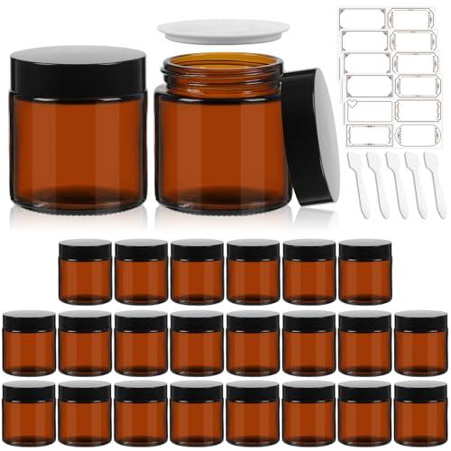 Amber Round Glass Jars with Black Lids 24 Pack- Portable Empty Glass Containers with Inner Liners for Cosmetic, Food Storage, Body Butters, Body Butter, Candle Jars