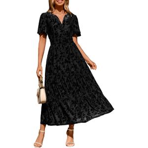 Amegoya Women's Short Sleeve V Neck Formal Wedding Guest Maxi Dresses Spring Fall Evening Party Long Dresses (Burnout-black)