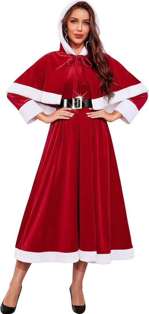 RSLOVE Christmas Dresses for Women - Mrs Claus Santa Costume with Removable Hooded Cape and Belt Holiday Party Outfit (Small, Red)