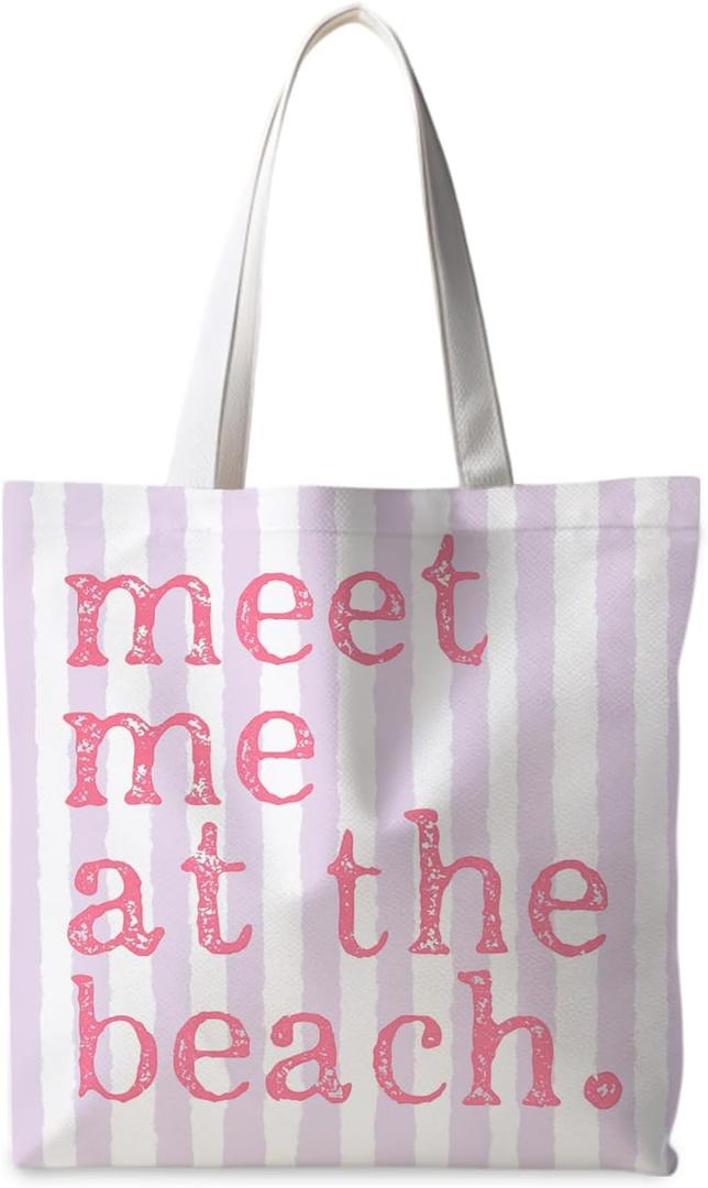 Beach Tote Bag, Summer Canvas Striped Tote Bags for Women, Meet Me At The Beach Aesthetic Shopping Bag (Pink&purple)