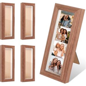 4 Pack Photo Booth Frames 2x7 Wooden Photo Strip Picture Frame Film Picture Holder with Stand and Clear Glass for Wall or Tabletop Display, Rustic Brown