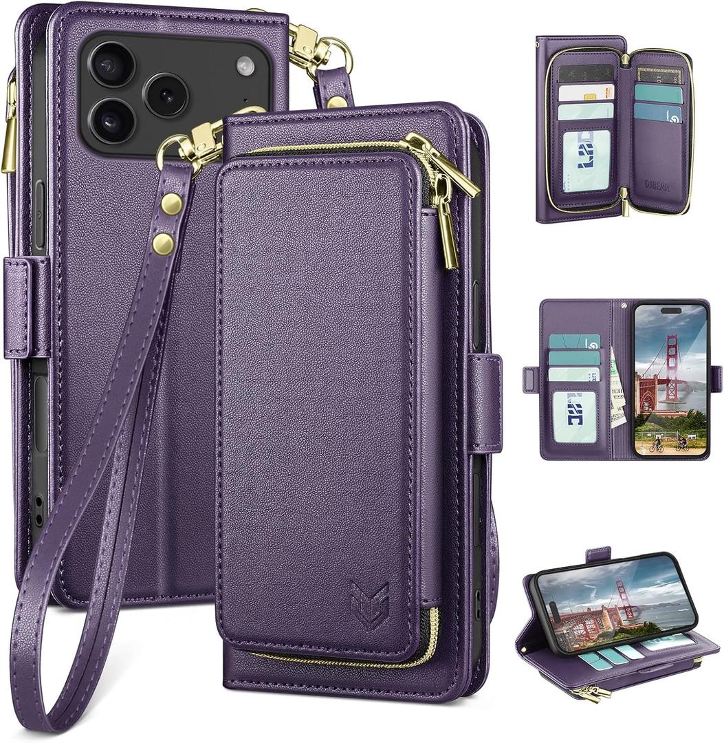 DJBEAR for iPhone 17 Pro Max 6.9" Wallet Case for Men & Women, All-in-One Flip Folio Cover with 9 Card Slots, Zipper Pocket, Detachable Wrist Strap, Full Body Protection for Apple 17ProMax Dark Purple