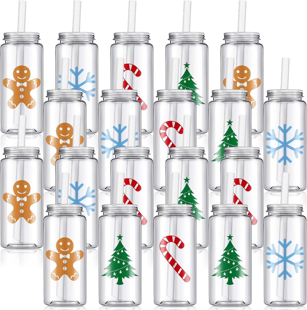 Layhit 20 Pcs Christmas Reusable Cups Bulk 13.5 oz Plastic Mason Jar Drinking Holiday Cups with Lid and Straw Coffee Tea Hot Cocoa Beverage Tumbler for Adults Xmas Party (Classic)