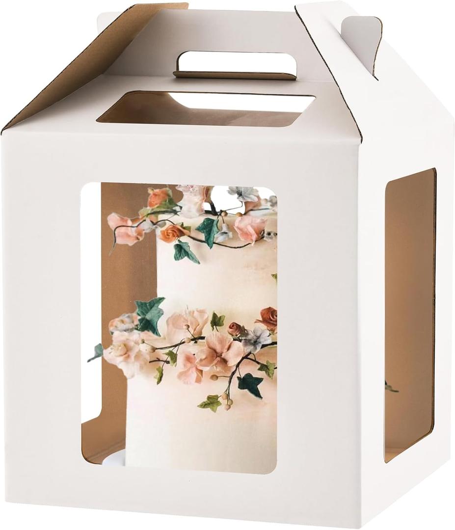 Tall Cake Boxes 6 Windows with handle,14x14x14 Tall Cake Carrier, Tiered Cake Box, Square cake box,largeTake Out Transport Containers Ideal for 12" & 14" Tiered Cakes (3Pack-White)
