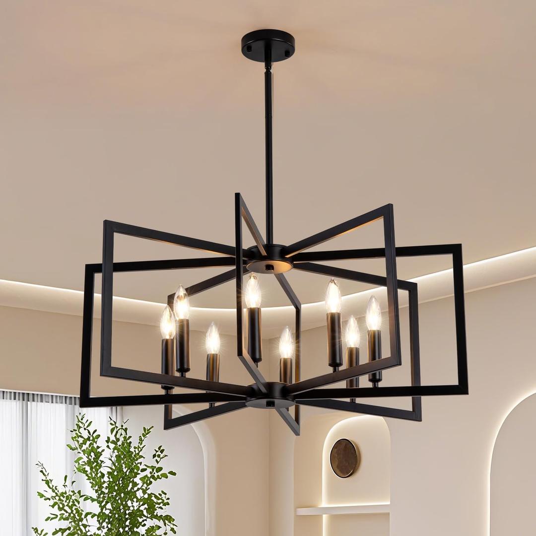 Black Chandelier for Dining Room 8-Light Farmhouse Chandelier,Modern Geometric Industrial Meta Pendant Light Fixture Adjustable Height Hanging Lighting for Dining Room,Living Rooms,Villas,Entryway