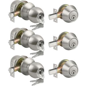 BESTTEN 3 Pack Keyed Alike Exterior Door Knobs and Single Cylinder Deadbolts Combo Set, Satin Nickel Entry Door Knobs with Locks and Keys for Entrance and Front Door, 3 PK Deadbolt Lockset, Satin Nickel