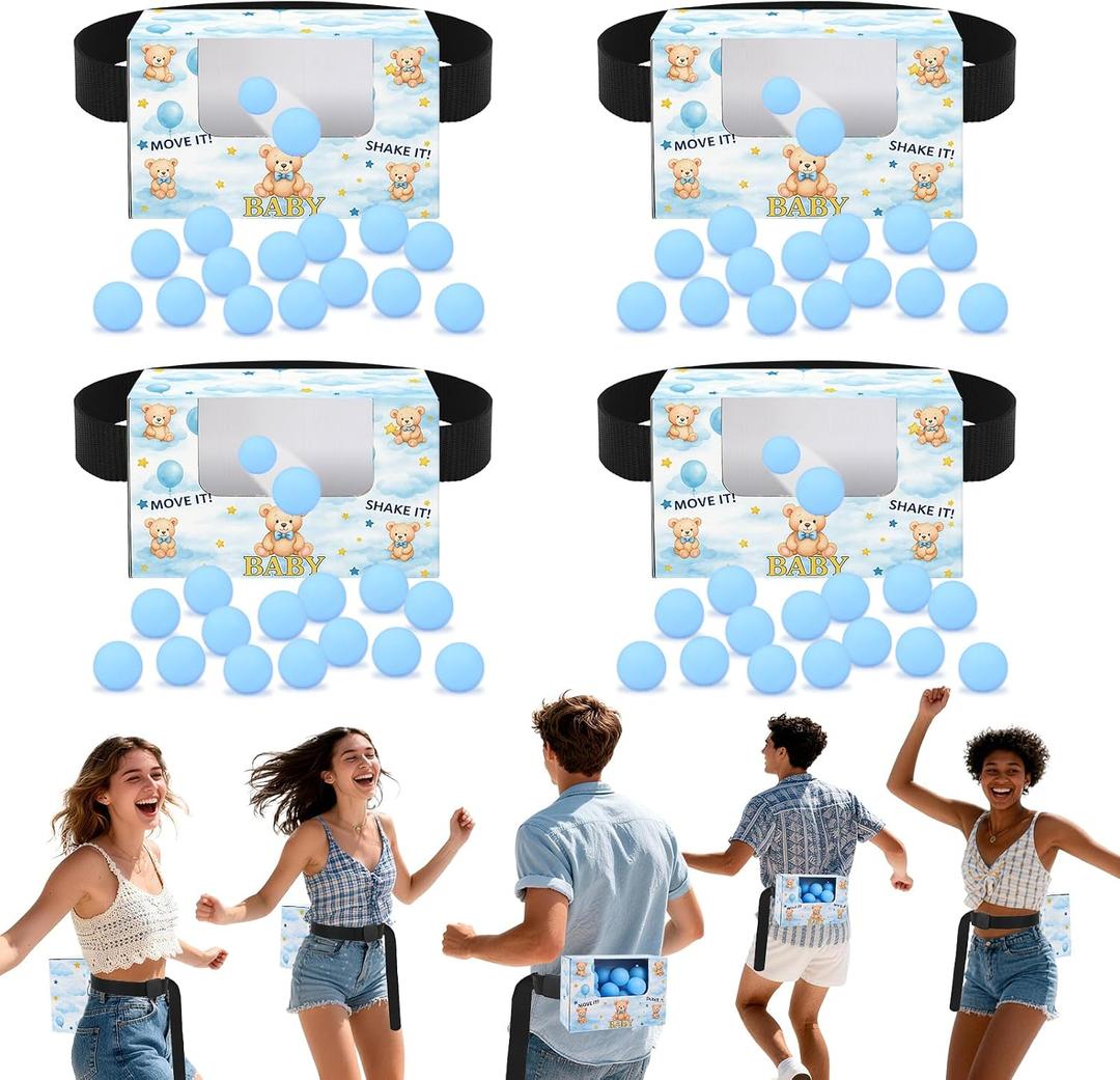 4 Set Blue Bear Baby Shower Games Swing Shaking Balls Game for Adult Includes 40 Balls, 4 Paper Boxes, 4 Belts Table Tennis Twerk Game Supply for Outdoors Indoors