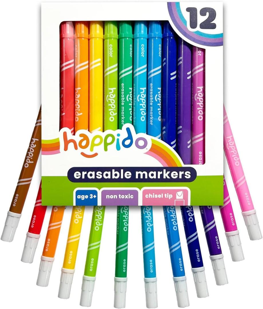 Double Sided Erasable Marker Sets for Kids Happido, Set of 12 Chisel Tip Non Toxic Markers, Great School Supplies, Art and Stationery Set