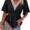 HEYTALALA Womens Peplum Tops Summer Lace Short Sleeve V Neck Shirts Dressy Casual Babydoll Blouses Large