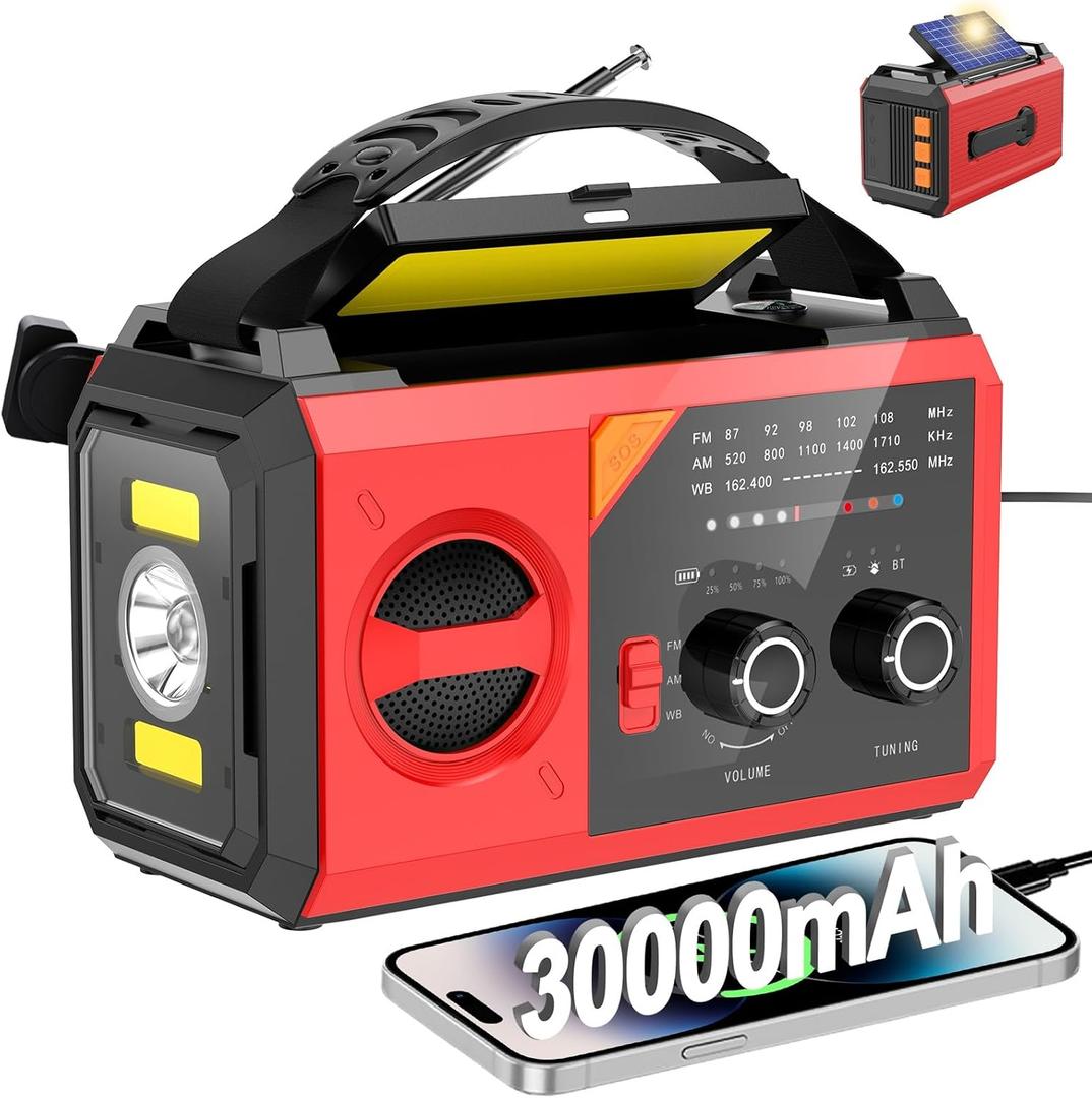 30000mAh Hand Crank Emergency Radio - Solar Portable Weather Radio AM FM NOAA with 3 Mode Flashlight & Reading Lamp, Headphone Jack, Cell Phone Charger, SOS for Emergency, Red