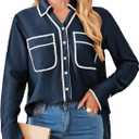 Womens Dressy Tops Contrast Color Button Down Shirts Work Office Blouse 2024 Fall Fashion Sheer Collared Shirt Navy Blue, Small