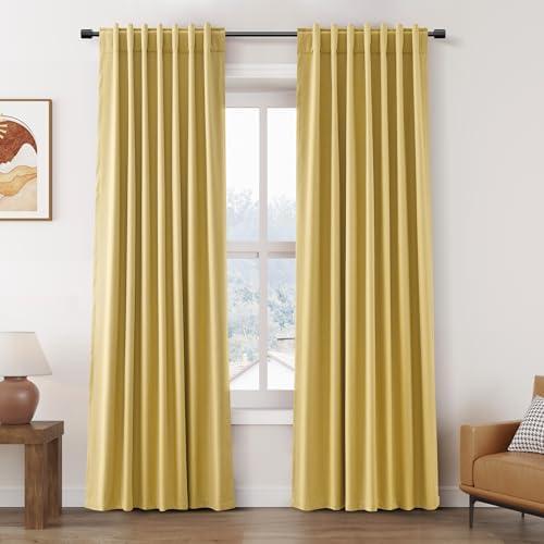 Nanspring Gold Linen 100% Blackout Curtains 84 Inches Long Back Tab Rod Pocket Heat Reducing Noise Cancelling Total Sun Blocking 2 Panels Set for Sliding Door Boho Farmhouse Curtain Drapes 52x84