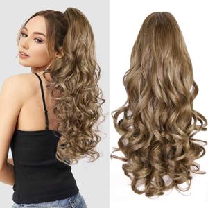 24 Inch Ponytail Extension, Layered Ponytail Extensions for Women, Soft Wavy Claw Clip in Ponytail Extension, Natural Synthetic Hair Pieces for Women (Color: Light Brown With Dark Blonde Highlights)