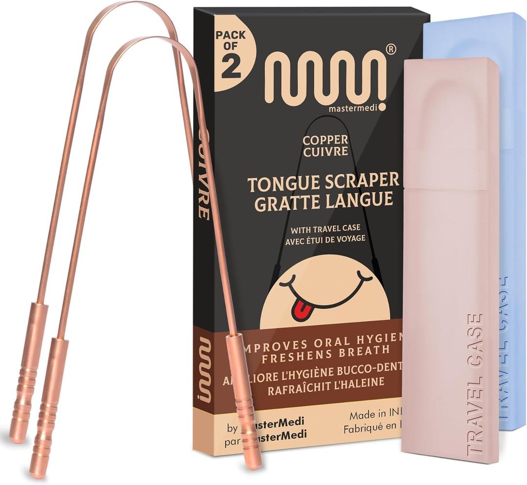 MasterMedi Tongue Scraper with Case Easy to Use Tongue Scraper for Adults, Tongue Cleaner for Oral Care & Hygiene Copper Set of 2 (with Travel Case)