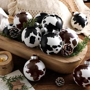 Syhood 12 Pcs Cowhide Printed Christmas Ball Ornaments 3.15 Inch Plastic Western Cow Ornaments Country Western Party Decorations Rustic Holiday Xmas Baubles for Tree Home Gift