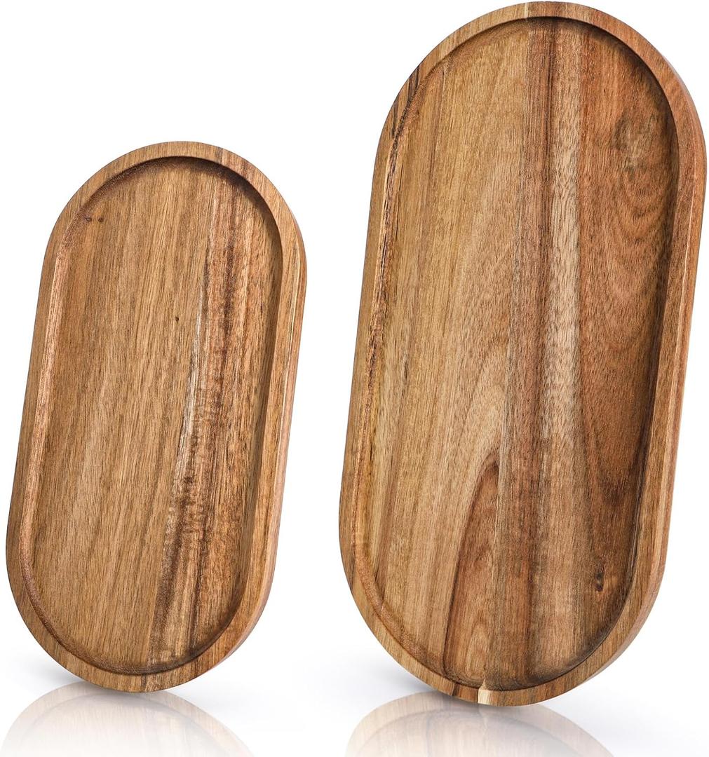 Elsjoy Set of 2 Acacia Wood Serving Trays, Long Wooden Serving Platter Oval Charcuterie Board Set for Home Decor, Fruit, Cheese, " "  " ."