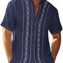 Cuban Guayabera Shirts for Men Short Sleeve Casual Button Down Shirt Band Collar Beach Camp Mexican Shirt NAVY XXL