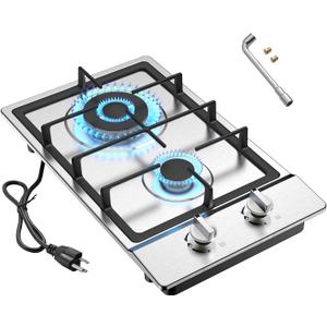 Gas Cooktop 2 Burner Propane Cooktop, Stainless Steel Propane Stove 12 inch, Bulit-in Gas Stove Top with Thermocouple Protection, Lpg/Ng Dual Fuel Drop-in Stove for Apartments, Outdoor, Rvs
