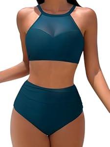MOOSLOVER Women Mesh High Neck Bikini Sets High Waisted Two Piece Swimsuit Bathing Suits(S, #1 Peacock Blue)