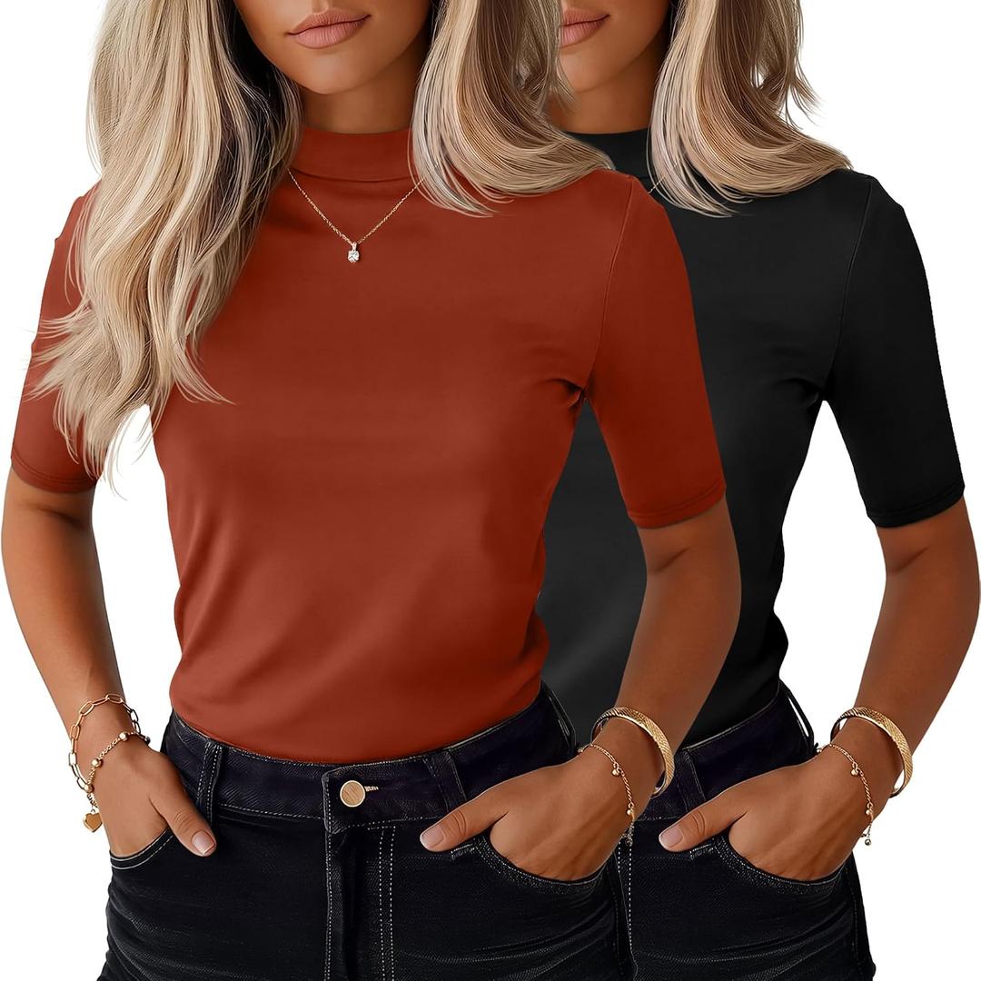 Ficerd 2 Pack Women's Mock Turtleneck T Shirts, Half Sleeve Business Casual Tunic Tops Slim Fit Summer Basic Dressy Tee Shirt