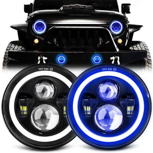 7 Inch LED Headlights with Blue Halo Ring Amber Turn Signal Wrangler Headlights High/Low Sealed Beam Projector Compatible with JK LJ CJ TJ H6024 LED Headlamps, 2PCS Blue