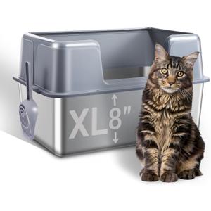 Stainless Steel Cat Litter Box with Lid, 23.7" L x 15.8" W x 13.8" H XL Metal Kitty Litter Box for Big Cats, High Sided Enclosure, Non-Sticky, Anti Urine Leakage, Easy Cleaning (Grey)