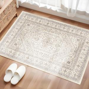Washable Entryway 2x3 Rug: Small Boho Rugs for Indoor Entrance Non Slip Backing Stain Resistant Carpet Low Pile Throw Rugs for Bedroom Bedside Inside Front Door Floor Kitchen Decor(Beige,2x3FT)