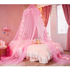 Bed Canopy for Girls with Star Lights,Princess Canopy Bed Curtains Mosquito Net with Gold Star for Girls Room Decor, Canopy for Bed Twin Single Full Queen Size Bed (Pink)