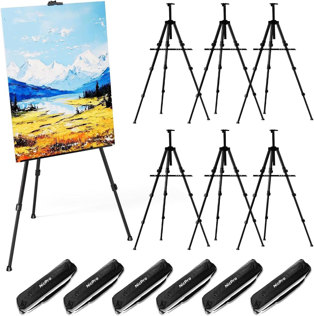 Nicpro Art Easel Stand for Sign - 6 Pack Black Aluminum Tripod Easels, Adjustable Height 17 to 66 inches, for Table-Top/Floor Painting, Display, Poster, Canvas | with Storage Bag