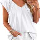 Tankaneo Womens Cap Ruffle Sleeve Tops V Neck Pleated Cotton Blouses | Loose Fit, Summer Dressy Casual, Cotton Shirts (White)