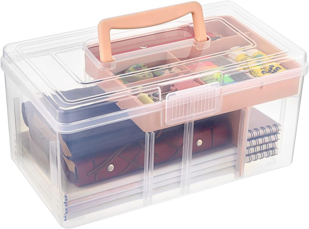 BTSKY Modern Big Pink Dividing Box with Tray, 11.81 x 6.69 x 5.79 inches, Portable Storage Box with Removable Tray, Accessories & Arts & Crafts Organizer