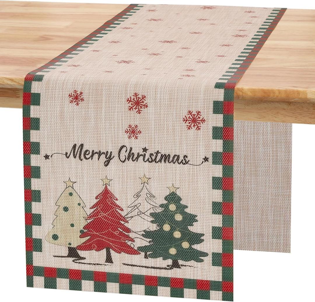 Christmas Table Runner with Classic Christmas Elements Designed, Arbitrarily Cropped Xmas Decorative Farmhouse Table Decorations for Home Party Decor 12x94 Inch (Beige2)