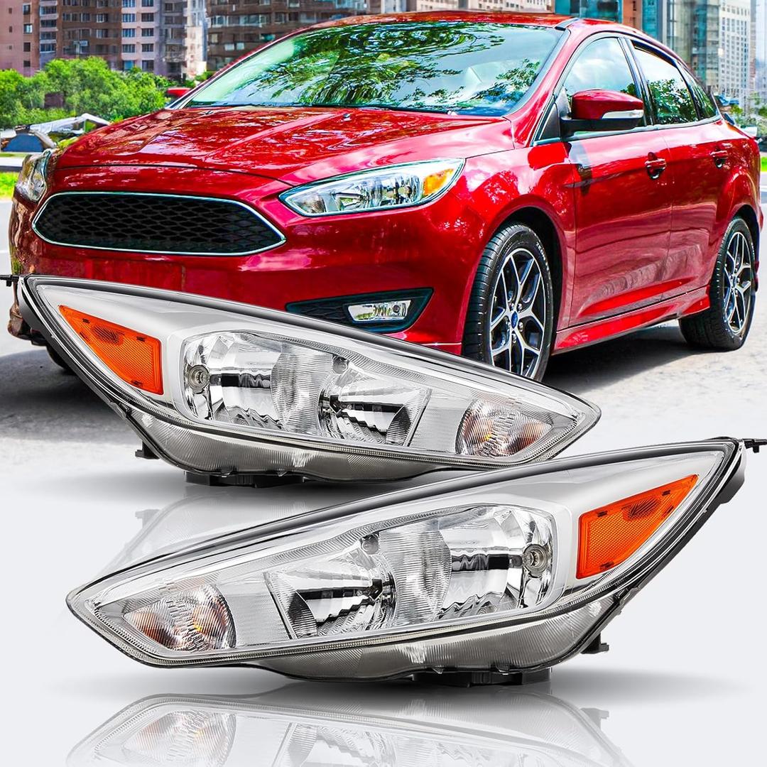 Headlights Assembly with bulbs Compatible with 2015 2016 2017 2018 Ford Focus Headlamp Replacement Chrome Housing Pair (15-18 Focus)