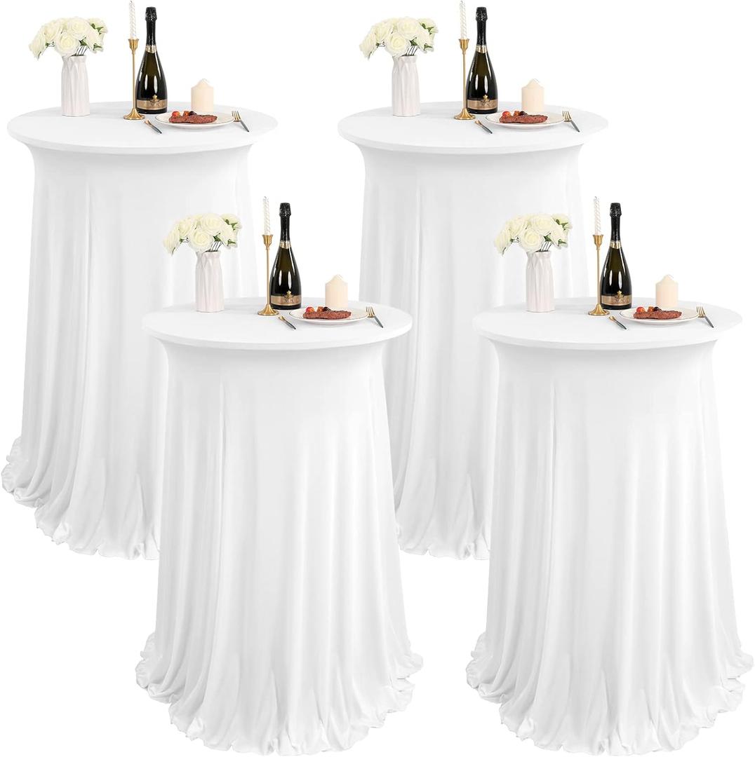 4 Packs Round Cocktail Table Skirt 32"x 43" Spandex Stretch Cocktail Tablecloth with Wavy Drapes, White Spandex Fitted High Top Table Covers for Wedding Party Birthday Banquet Bar