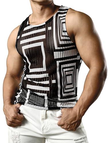JOGAL Mens Boho Summer Tank Top Sleeveless Muscle Mesh Shirt Black White Small JOGAL Mens Boho Summer Tank Top Sleeveless Muscle Mesh Shirt Black White Small