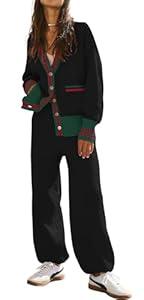 Women's 2 Piece Outfit Lounge Set Trendy Cardigan Sweater Pants Sets V Neck Button Pocket Knit Matching Loungewear, Small