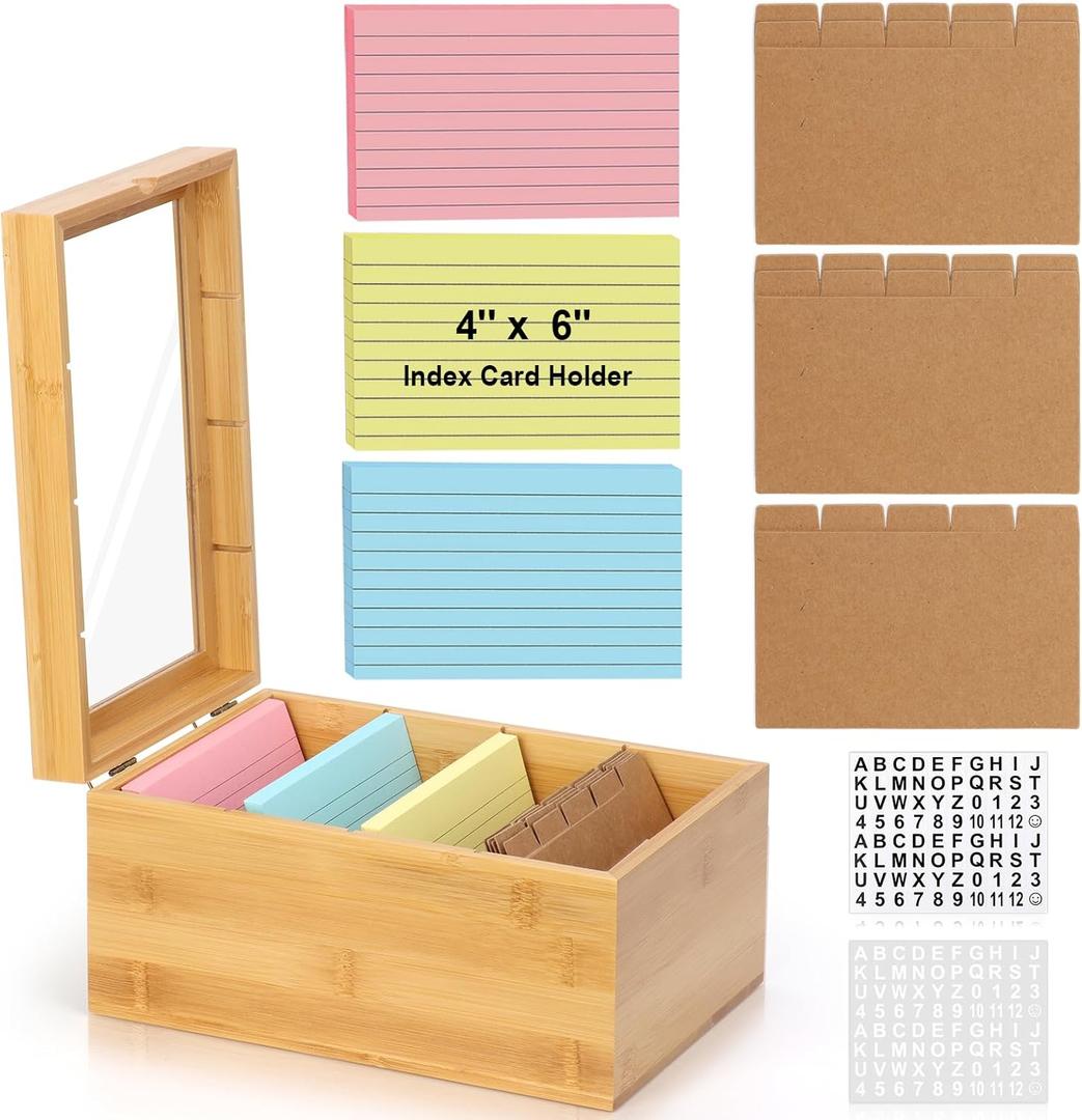 4x6 Index Card Holder with Dividers Bamboo Index Card Organizer Box 4 Compartments Flash Cards Holder with Lid 150 Index Flash Cards 25 Index Cards Dividers 2 Letter Smile Stickers for Office Business