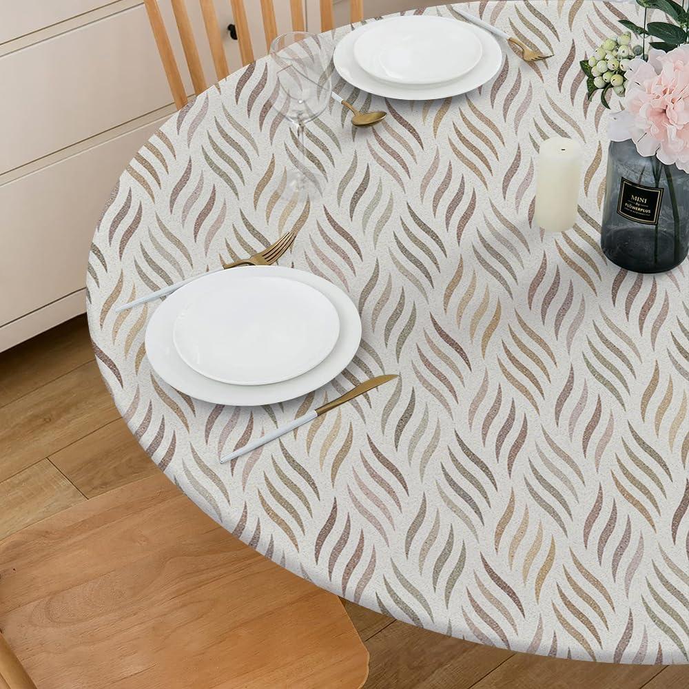 REDAMANCY Boho Beige Gold Geometric Leaf Modern Round Fitted Tablecloth with Elastic Edge Waterproof Oil Proof Table Cover Cloth Round Tables for Dinner, Outdoor, Picnic(Fitted to 45"-56" Diameter)