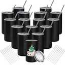 16 Pack Tumblers Blanks Bulk Skinny Straight Tumbler Stainless Steel Double Wall Insulated Water Bottles with Lid & Straw for DIY Gift, 12oz Black