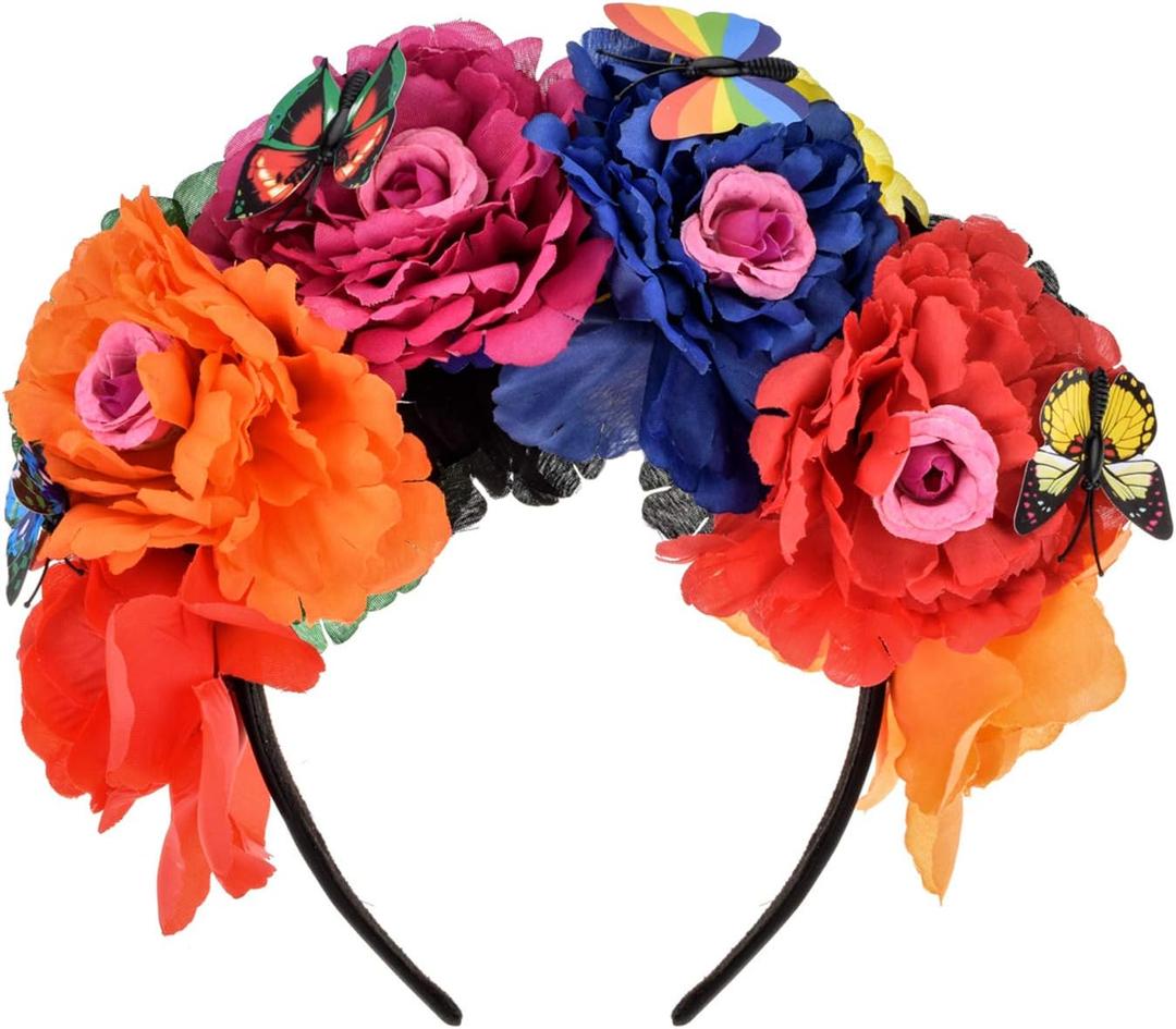 DreamLily Rose Flower Crown Headband HalloweenCinco De Mayo Party Costume Headpiece NC26, Fuchsia Orange Blue