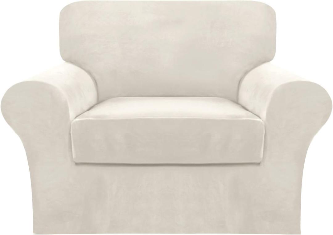 FantasDecor 2 Piece Chair Sofa Covers Velvet for Living Room Slipcovers with Individual Cushion Elastic Furniture Protector for Pets, Machine Washable (Armchair, Ivory)