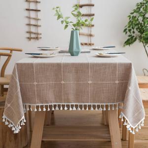 Oubonun Cotton Linen Rectangular Tablecloth - Wrinkle Resistant & Waterproof - Machine Washable Table Cloth with Tassels for Kitchen & Dining, 55''x70'', 4-6 Seats (Light Coffee Plaid)