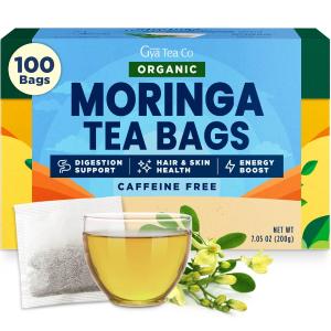 Gya Tea Co Moringa Leaves Herbal Tea Bags (100 Bags) - Caffeine Free with a Tangy Flavor for All Day Comfort, Calming, Relaxing & Nourishing - Fruit & Herbal Blends (EXP 12/01/27)