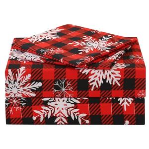JSD Red Buffalo Plaid Snowflakes Sheet Set Full Size, 4 Piece Christmas Winter Microfiber Bedding Sheets Extra Deep Pocket