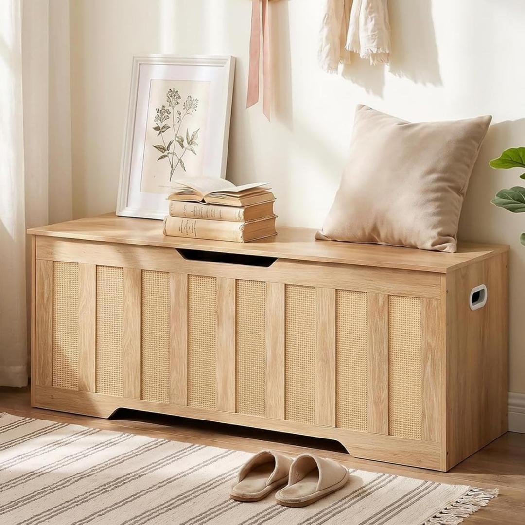 CHOEZON 47.2" Storage Bench, Rattan-Style Storage Chest, Storage Cabinet with Handles, Toy Storage Box, for Living Room and Bedroom, Natural MCW24NL, 47.2"L x 15.7"W x 19.1"H