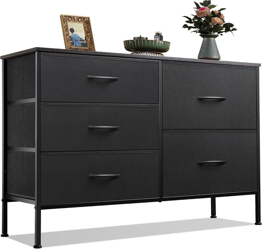 WLIVE Dresser for Bedroom with 5 Drawers, Wide Bedroom Dressers with Drawer Organizers, Chest of Drawers, Fabric Dresser for Living Room, Closet, Hallway, Charcoal Black, Large