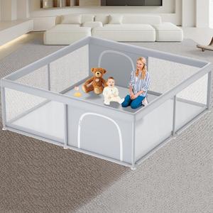Baby Playpen 79" x 79" Large Play Yard Playpen for Babies and Toddlers, Safety Baby Activity Center with Visible Mesh Non-Slip (79X79 Inch, Grey)