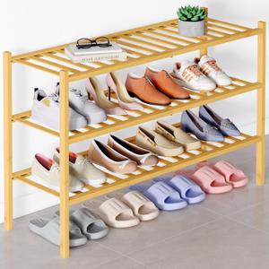 Smiry Bamboo Shoe Rack for Closet, 3 Tier Long Wooden Stackable Shoe Organizer, Free Standing Shoes Storage Shelf for Entryway, Front Door Entrance, Natural