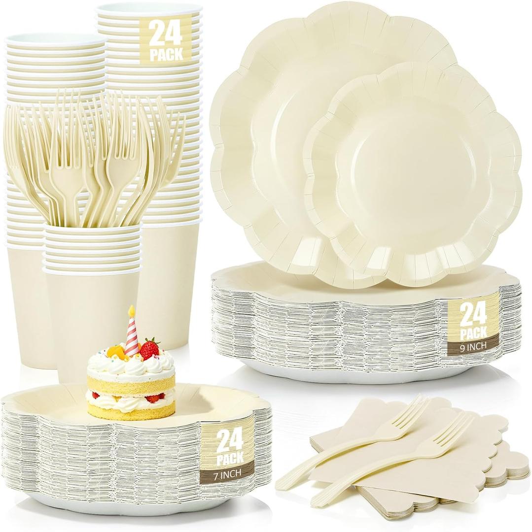 Scalloped Cream Plates and Napkins Party Supplies, Disposable 9 and 7 Ivory Paper Plates Cups Napkins Forks Set for Birthday Wedding Baby Shower Bridal Shower Decorations, Serves for 24 Guests
